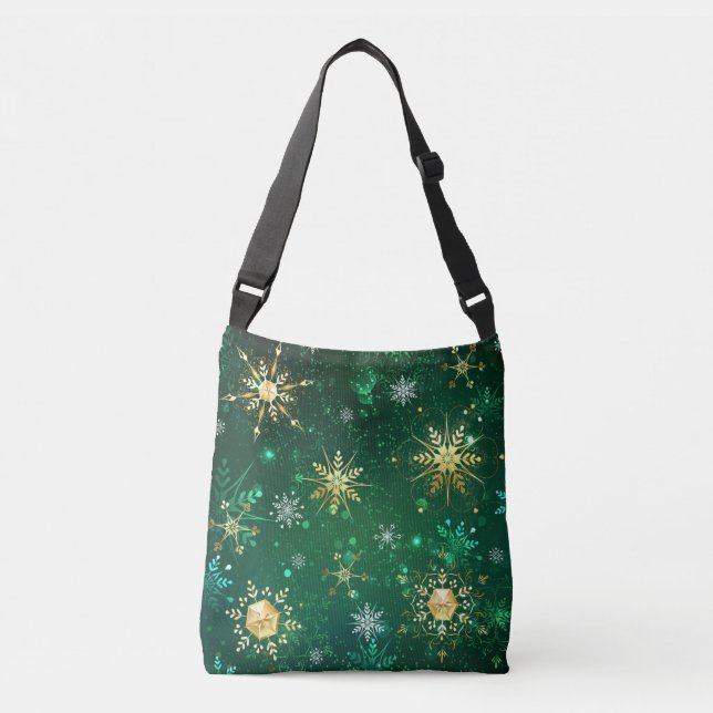 Xmas Golden Snowflakes on Green Background Crossbody Bag (Front)
