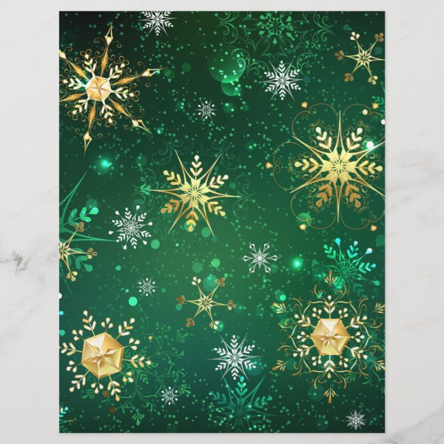 Xmas Golden Snowflakes on Green Background Custom Letterhead (Front)