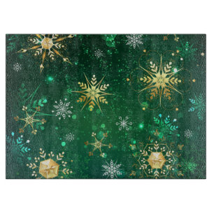 Xmas Golden Snowflakes on Green Background Cutting Board