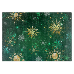 Xmas Golden Snowflakes on Green Background Cutting Board