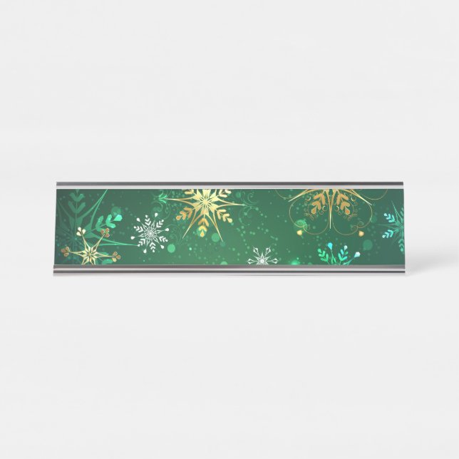 Xmas Golden Snowflakes on Green Background Desk Name Plate (Front)