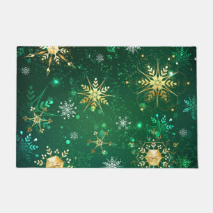 Xmas Golden Snowflakes on Green Background Doormat