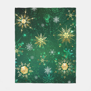Xmas Golden Snowflakes on Green Background Fleece Blanket