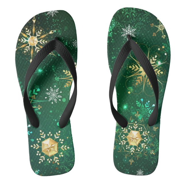 Xmas Golden Snowflakes on Green Background Flip Flops (Footbed)