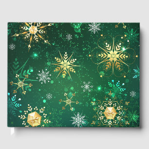 Xmas Golden Snowflakes on Green Background Guest Book