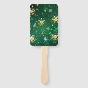 Xmas Golden Snowflakes on Green Background Hand Fan