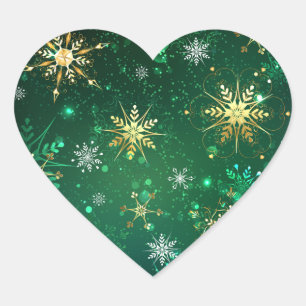 Xmas Golden Snowflakes on Green Background Heart Sticker