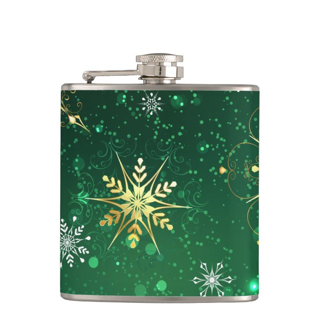 Xmas Golden Snowflakes on Green Background Hip Flask (Front)