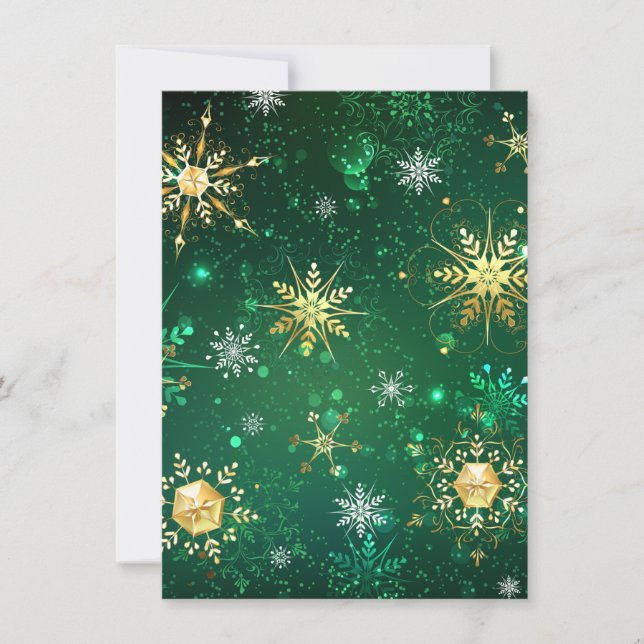 Xmas Golden Snowflakes on Green Background Holiday Card (Front)