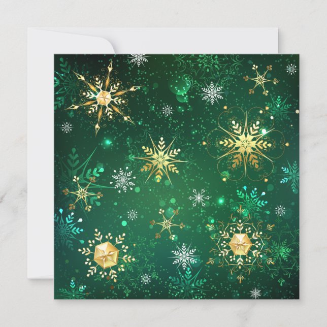 Xmas Golden Snowflakes on Green Background Invitation (Front)