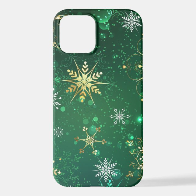 Xmas Golden Snowflakes on Green Background iPhone Case (Back)