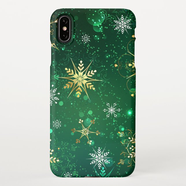 Xmas Golden Snowflakes on Green Background iPhone Case (Back)