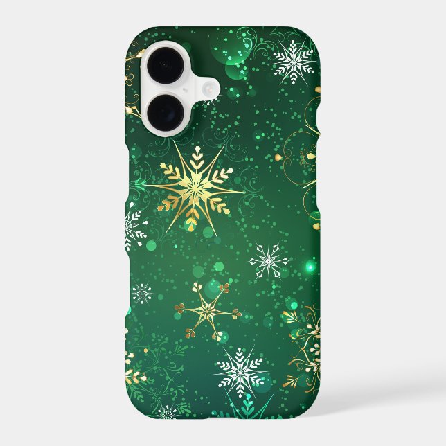 Xmas Golden Snowflakes on Green Background iPhone Case (Back)