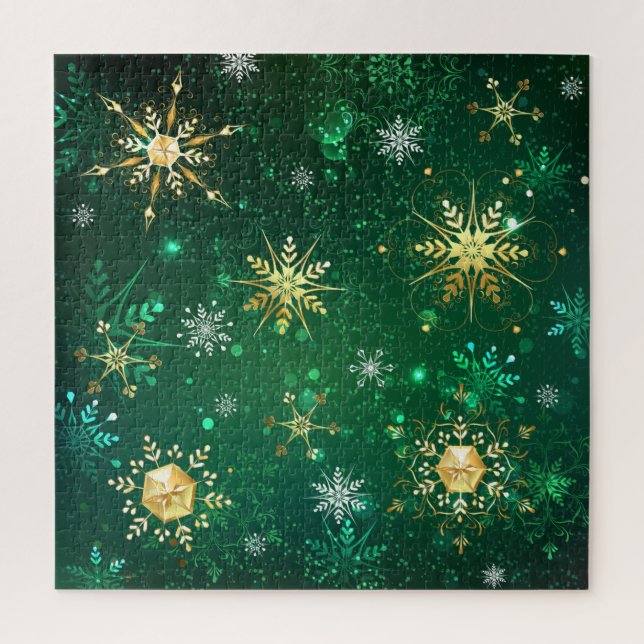 Xmas Golden Snowflakes on Green Background Jigsaw Puzzle (Vertical)