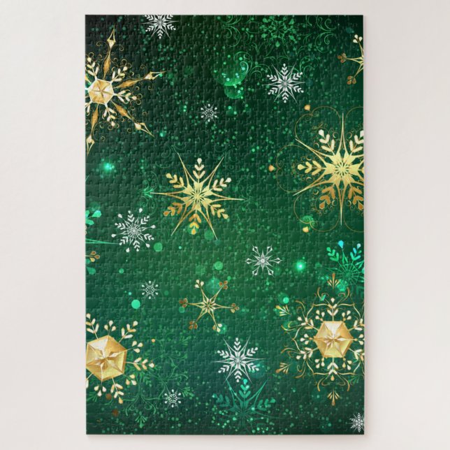 Xmas Golden Snowflakes on Green Background Jigsaw Puzzle (Vertical)