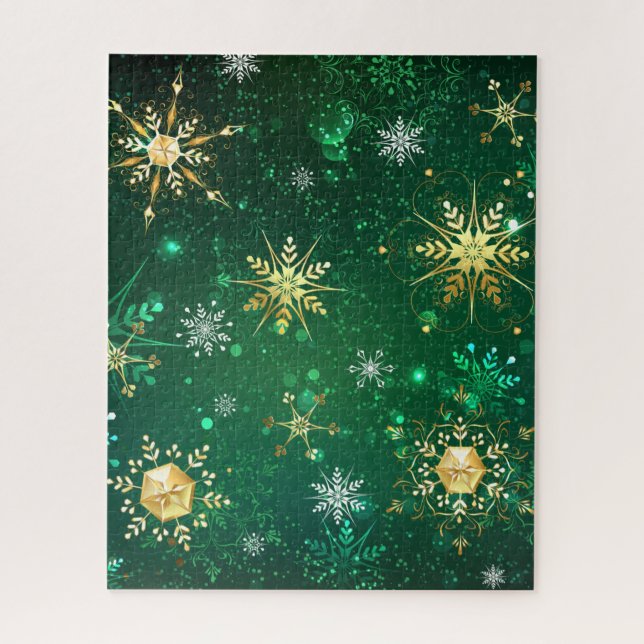 Xmas Golden Snowflakes on Green Background Jigsaw Puzzle (Vertical)