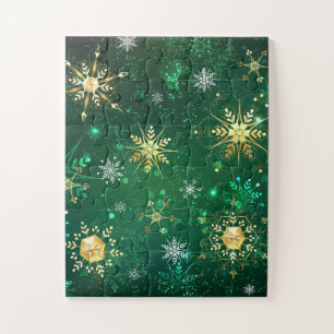 Xmas Golden Snowflakes on Green Background Jigsaw Puzzle