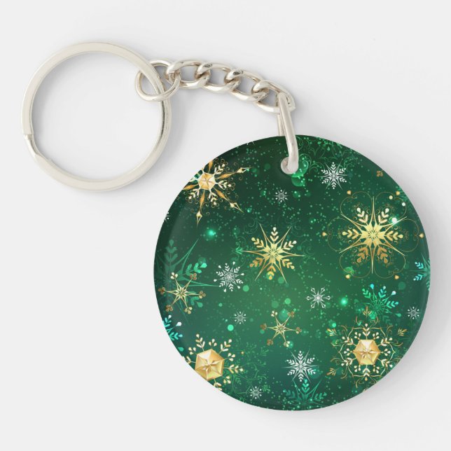 Xmas Golden Snowflakes on Green Background Key Ring (Front)