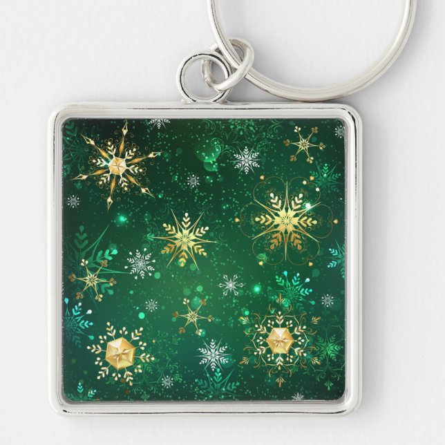 Xmas Golden Snowflakes on Green Background Key Ring (Front)