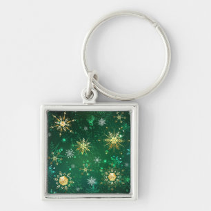 Xmas Golden Snowflakes on Green Background Key Ring