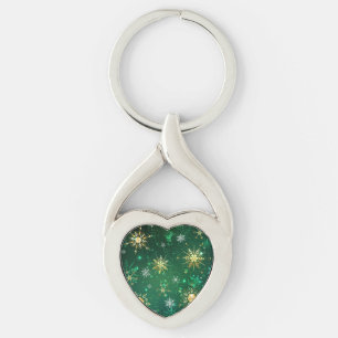 Xmas Golden Snowflakes on Green Background Key Ring