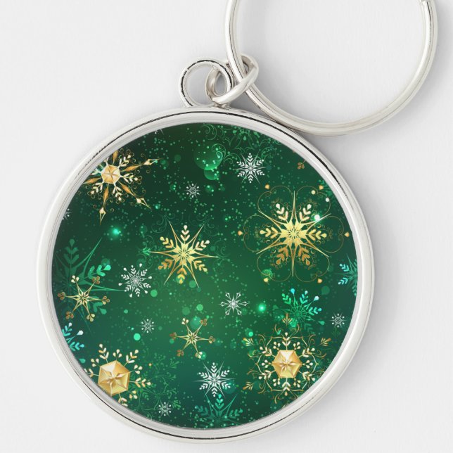 Xmas Golden Snowflakes on Green Background Key Ring (Front)