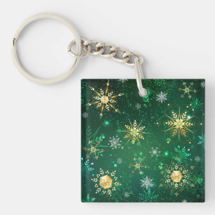 Xmas Golden Snowflakes on Green Background Key Ring