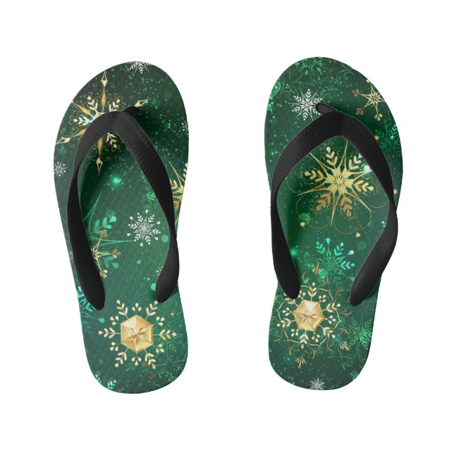 Xmas Golden Snowflakes on Green Background Kid's Flip Flops (Footbed)