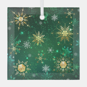 Xmas Golden Snowflakes on Green Background Label Glass Tree Decoration