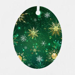 Xmas Golden Snowflakes on Green Background Label Metal Tree Decoration