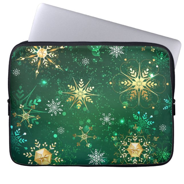 Xmas Golden Snowflakes on Green Background Laptop Sleeve (Front)