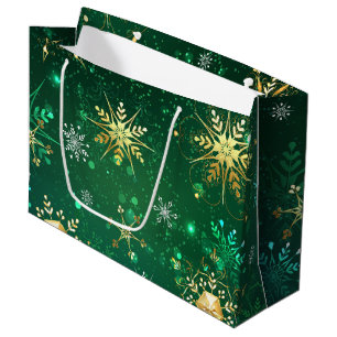 Xmas Golden Snowflakes on Green Background Large Gift Bag