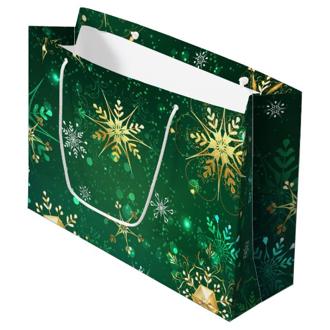 Xmas Golden Snowflakes on Green Background Large Gift Bag (Front Angled)