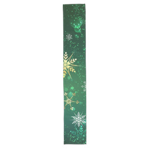 Xmas Golden Snowflakes on Green Background Long Table Runner