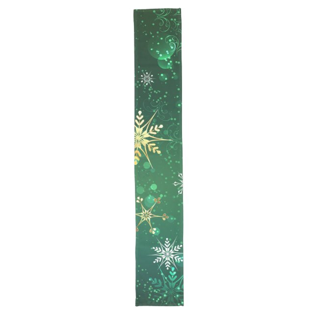 Xmas Golden Snowflakes on Green Background Long Table Runner (Front)