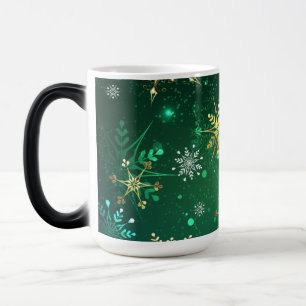 Xmas Golden Snowflakes on Green Background Magic Mug