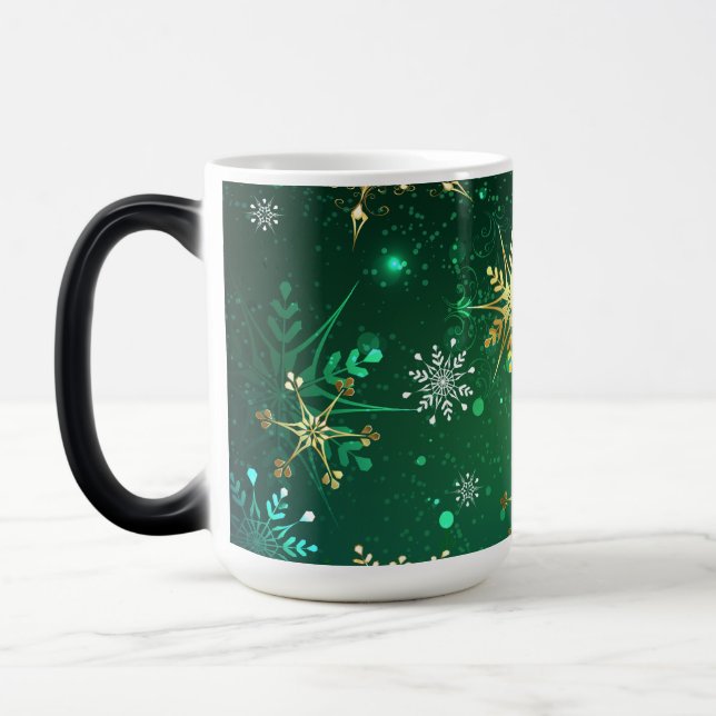 Xmas Golden Snowflakes on Green Background Magic Mug (Left)