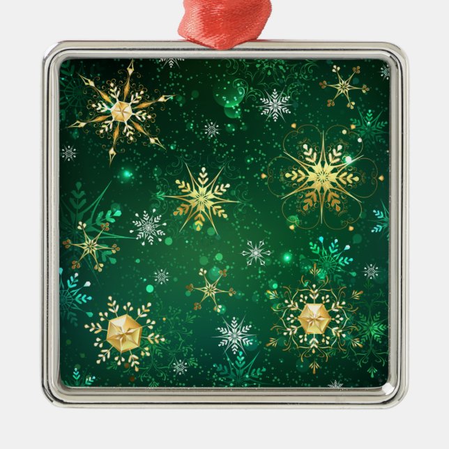 Xmas Golden Snowflakes on Green Background Metal Tree Decoration (Front)