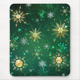 Xmas Golden Snowflakes on Green Background Mouse Mat