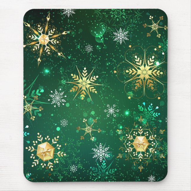 Xmas Golden Snowflakes on Green Background Mouse Mat (Front)