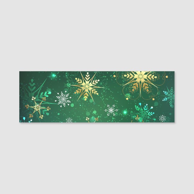 Xmas Golden Snowflakes on Green Background Name Tag (Front)