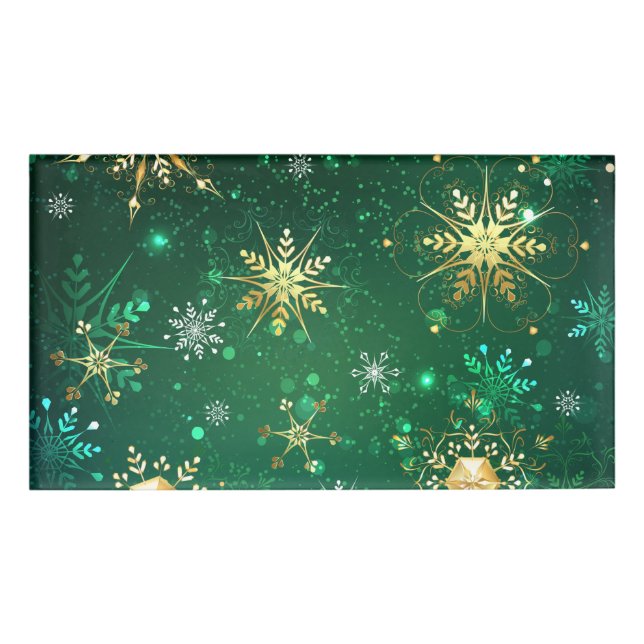 Xmas Golden Snowflakes on Green Background Name Tag (Front)