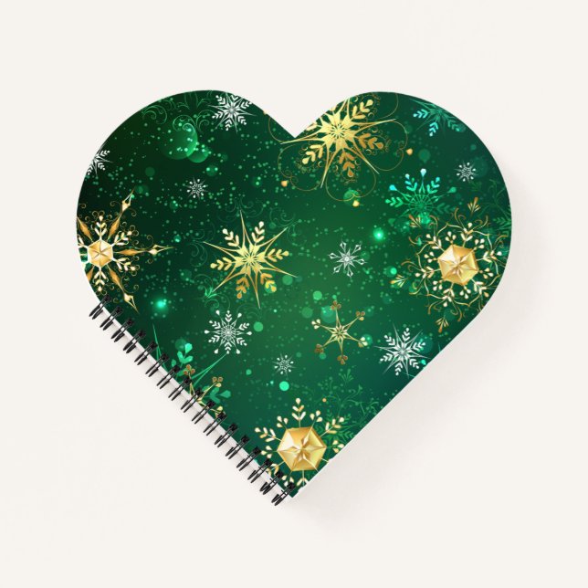 Xmas Golden Snowflakes on Green Background Notebook (Front)
