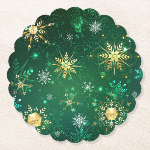 Xmas Golden Snowflakes on Green Background Paper Coaster