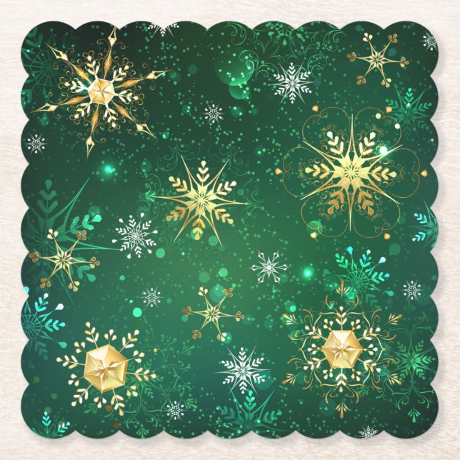 Xmas Golden Snowflakes on Green Background Paper Coaster (Front)