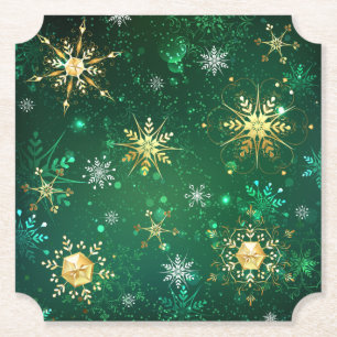 Xmas Golden Snowflakes on Green Background Paper Coaster