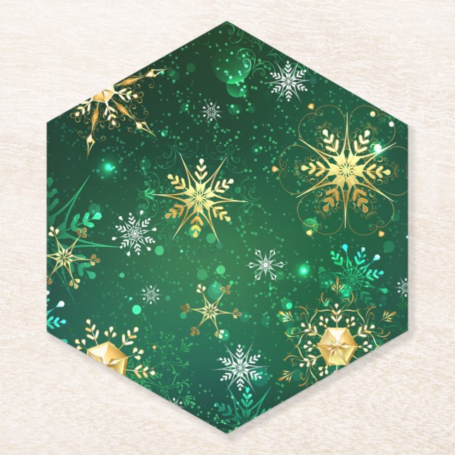 Xmas Golden Snowflakes on Green Background Paper Coaster (Front)