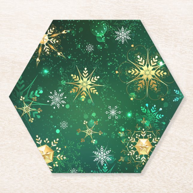 Xmas Golden Snowflakes on Green Background Paper Coaster (Front)