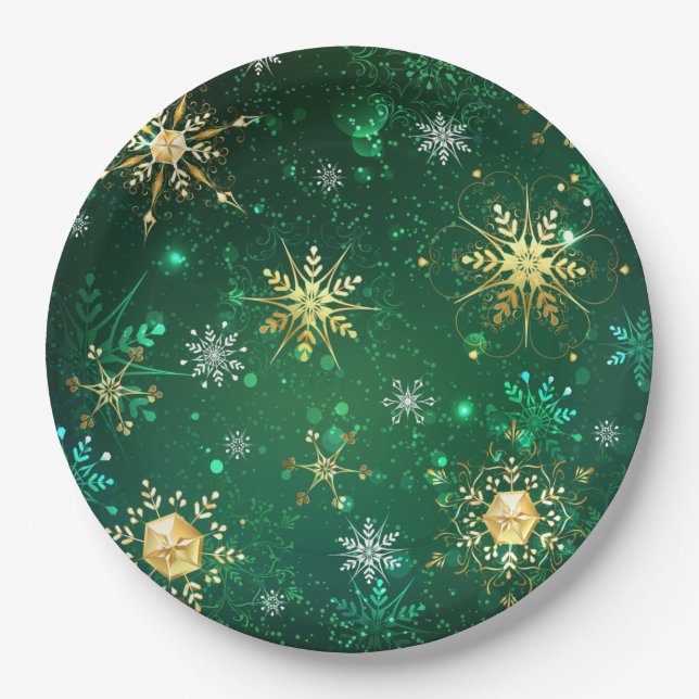 Xmas Golden Snowflakes on Green Background Paper Plate (Front)
