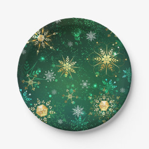 Xmas Golden Snowflakes on Green Background Paper Plate